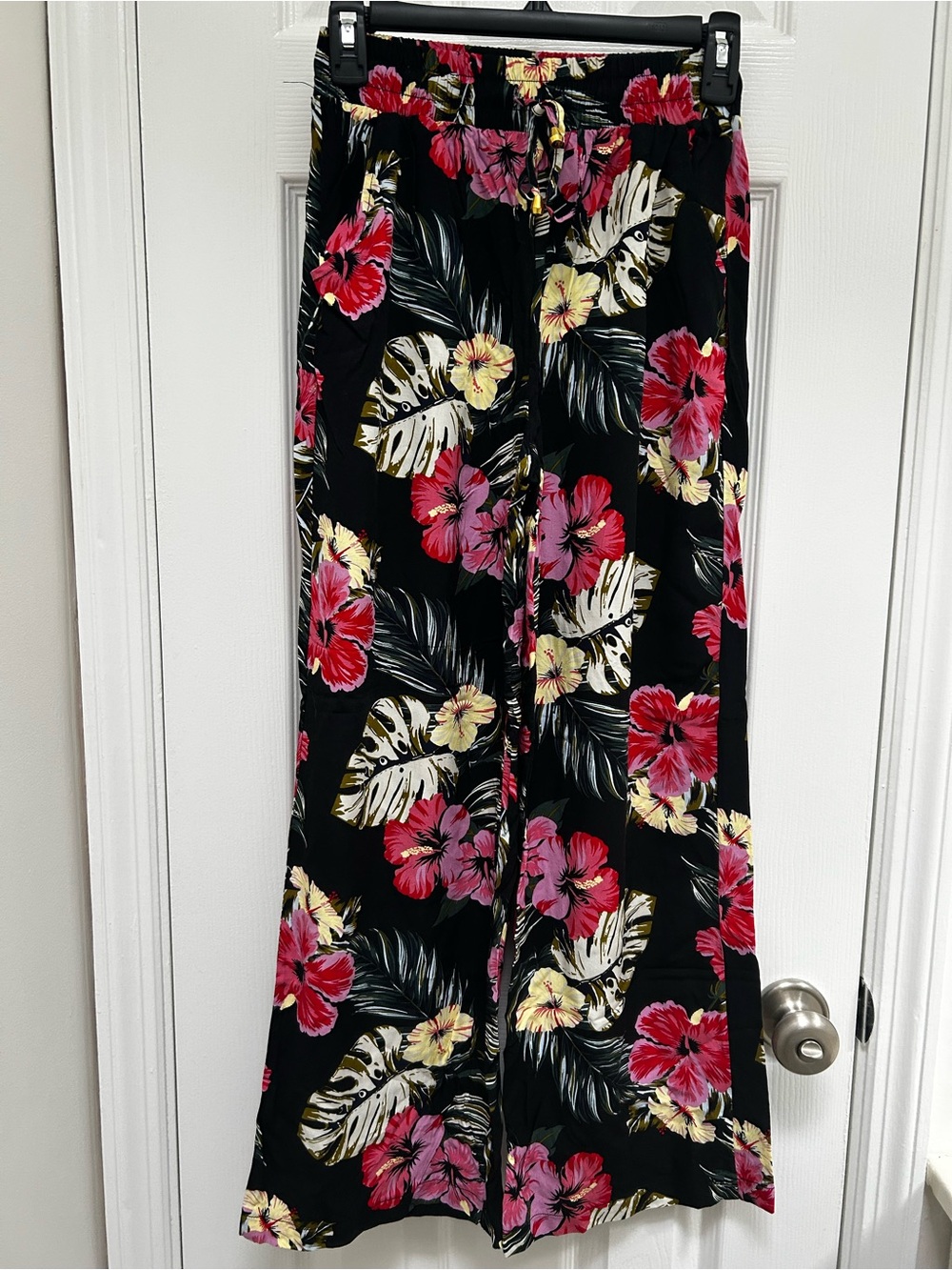 Black Floral Wide-Leg Pants with Pink & Yellow Blooms